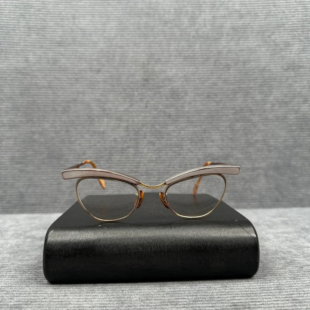 Vintage 50s Shuron Cat Eye Glasses Gold Copper Browline Frames 5 1/4 LO